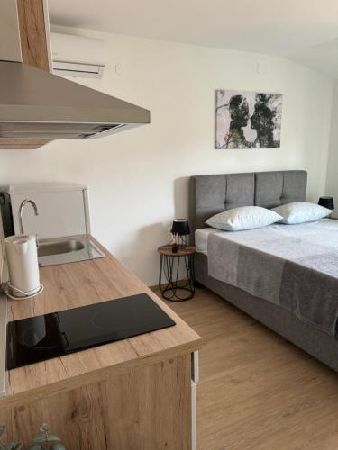 a kitchen with a bed and a sink in a room at Apartments Maris in Umag