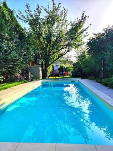 une piscine bleue avec un arbre en arrière-plan dans l'établissement La maison du bonheur, à Montreuil
