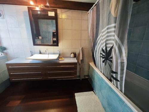 une salle de bain avec un lavabo, un miroir et une baignoire dans l'établissement La maison du bonheur, à Montreuil