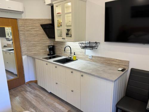 a kitchen with a sink and a counter top at Studio Lorena in Mali Lošinj