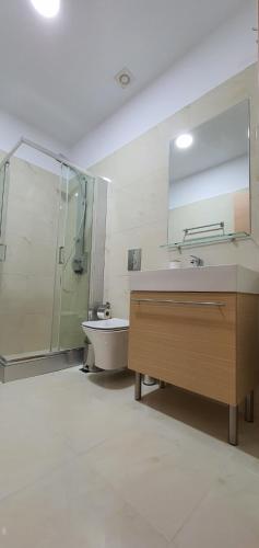 a bathroom with a sink and a shower and a toilet at Kos Cozy Home in Kos