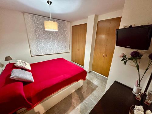 a bedroom with a red bed and a flat screen tv at Lo Gambussi Deltebre in Deltebre