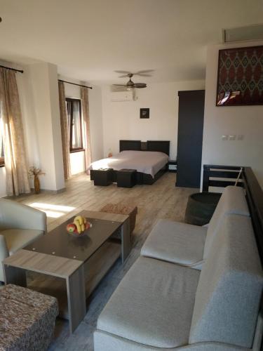 a living room with a bed and a couch at Къщата с разкопките - The house with the excavations in Sozopol