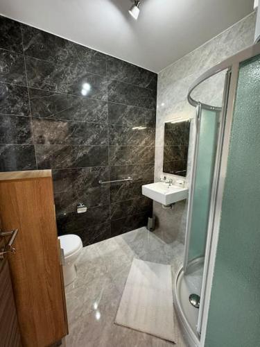 a bathroom with a shower and a toilet and a sink at Moonlight Penthouse in Gzira in Il-Gżira