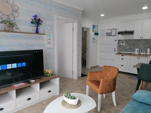 a living room with a flat screen tv and a chair at Kristi Lux NEW 1-bedroom apartment with Pool, Balcony and FREE Parking in Veliko Gradište