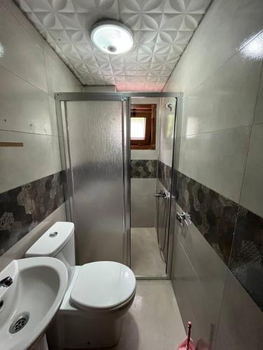 a bathroom with a shower and a toilet and a sink at Ayder Paradise Otel in Ayder Yaylasi