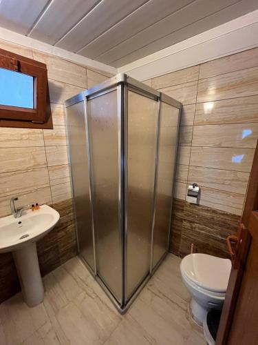 a bathroom with a shower and a toilet and a sink at Ayder Paradise Otel in Ayder Yaylasi