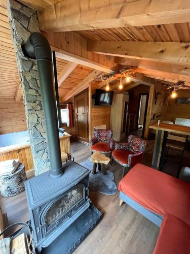 a living room with a wood stove in a cabin at Ayder Paradise Otel in Ayder Yaylasi