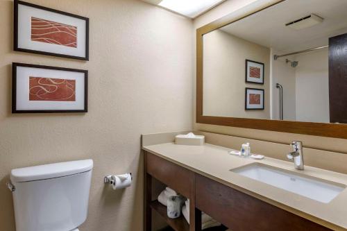 a bathroom with a toilet and a sink and a mirror at Comfort Suites Baymeadows Near Butler Blvd in Jacksonville