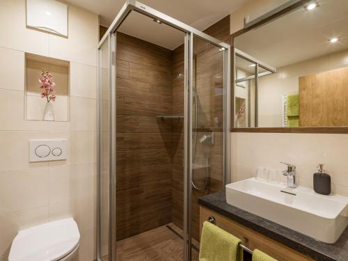 a bathroom with a shower and a sink and a toilet at Appart Bergleben-Deluxe **** in Gerlos