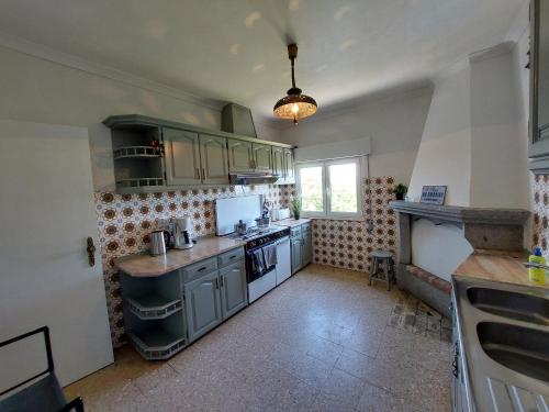 a kitchen with green cabinets and a stove top oven at Casa Azul Vales in Penalva do Castelo