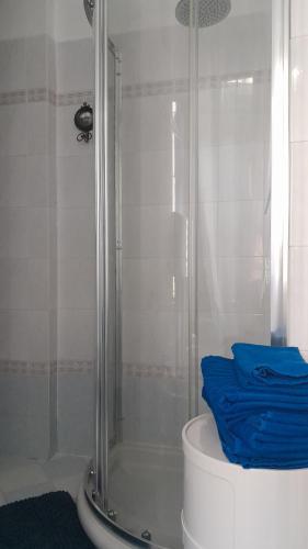 a bathroom with a shower with blue towels on a tub at Casa Platina in Cremona