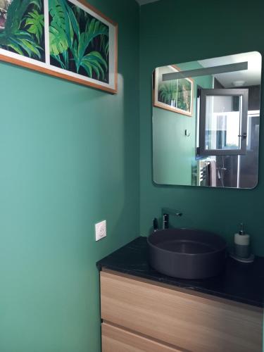 une salle de bain avec un lavabo et un miroir dans l'établissement Maison neuve , plage à pied, à Assérac