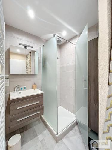 une salle de bain avec une douche en verre et un lavabo dans l'établissement Le Petit Golf Balcon Plage à 50m, à Bray-Dunes