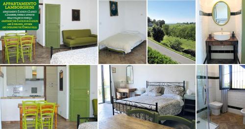 een collage van foto's van een kamer met groen en wit bij Cascina Pelizza in Casale Monferrato