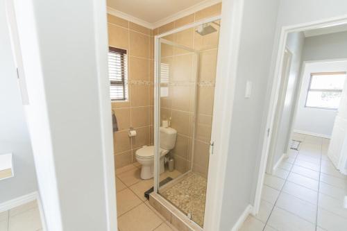 a bathroom with a shower with a toilet at Colby Court Delightful 2 Bedroom Apartment in Lorraine