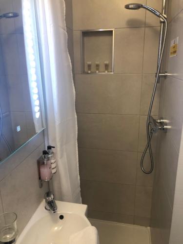 uma casa de banho com um chuveiro e um lavatório. em Seacrest em Galway