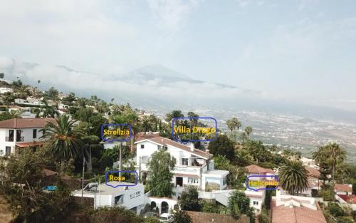 eine Gruppe von Gebäuden auf einem Hügel mit Schildern darauf in der Unterkunft Residencial Vista Panoramica in Santa Úrsula