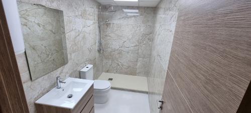 a bathroom with a sink and a toilet and a shower at Apartamento Loft con 2 dormitorios, Jacuzzi y Garage in Cambrils