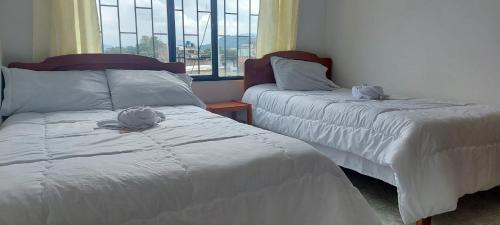 索加莫索hotel S & C的一间卧室设有两张床、一张沙发和一个窗口