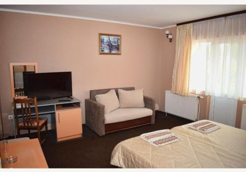 a hotel room with a bed and a chair and a television at Family Hotel Miglena in Govedartsi