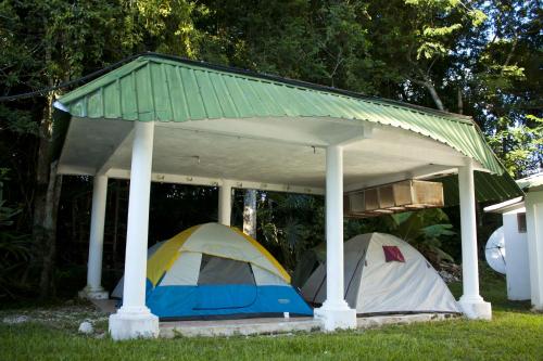 two tents under a pavillion with a green roof at Hotel Jaguar Inn Tikal in Tikal