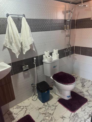 a bathroom with a toilet and a sink and towels at Desert Bedouin adventure in Wadi Rum