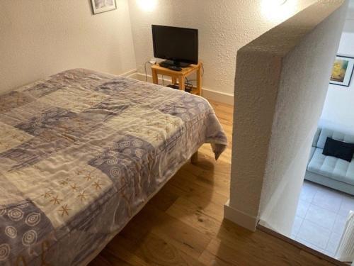 une chambre avec un lit et une télévision à écran plat dans l'établissement Mazet charmant au Lavandou avec piscine, proche plage et commodités - FR-1-308-85, au Lavandou