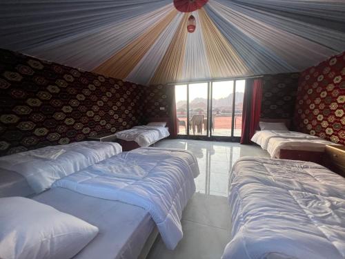 a room with four beds in a tent at Desert Bedouin adventure in Wadi Rum