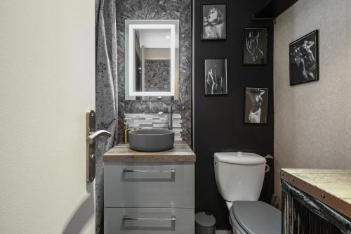 une salle de bain avec un lavabo, des toilettes et un miroir dans l'établissement Shanel Port Nature coursive, au Cap d'Agde