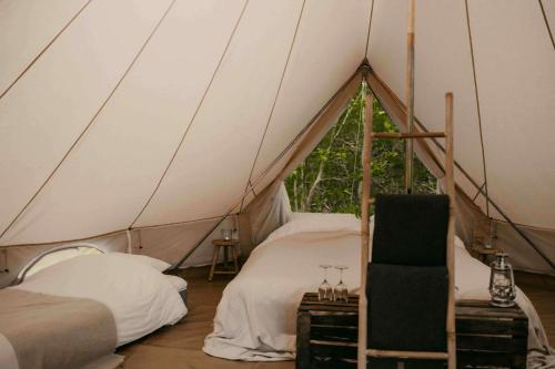 a tent with a bed and a chair in it at Falkeröd - Lyxig glamping i naturreservat ink frukost in Grebbestad