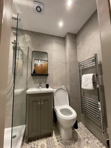 a bathroom with a toilet and a sink and a shower at Superb 2 Bedroom Sea View Flat in Scarborough