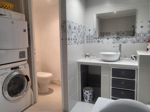une salle de bain avec un lavabo et une machine à laver dans l'établissement Villa Ty Clipper plage à pied, à Fouesnant