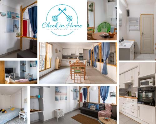 un collage di foto di una cucina e di una casa di Le Pastel Riverside Centre historique proche des plages ad Agde