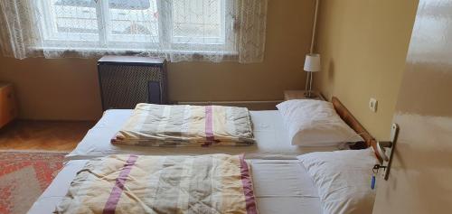 two twin beds in a room with a window at Berci Villa in Balatonboglár