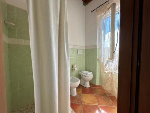 a bathroom with a toilet and a shower curtain at Agriturismo Agrifoglio in Capalbio