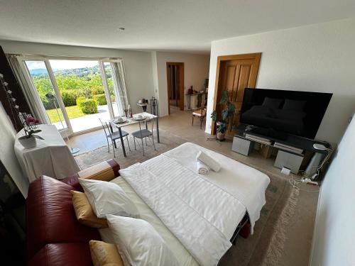 a living room with a large bed and a television at Lakeview Apartment-Lavaux in Grandvaux