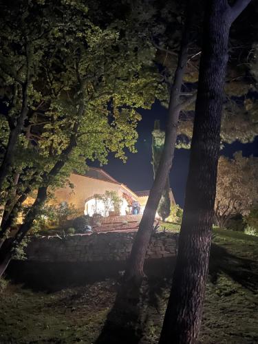 Una casa es vista a través de los árboles por la noche en Le Mas de l'Alliance - 12 p - Air Cond - private Pool - near Grignan en Roussas