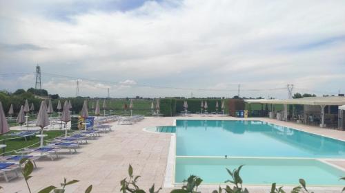 a large swimming pool with chairs and umbrellas at Locanda Corte Arcangeli in Ferrara