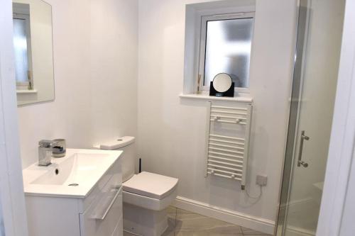 a bathroom with a toilet and a sink and a shower at Pet-friendly boutique beach retreat in Uphill