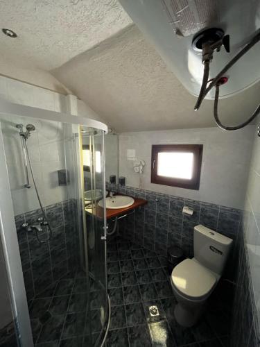 a bathroom with a shower and a toilet and a sink at Хотел-механа Добърско in Dobărsko