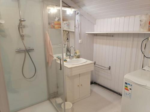 une salle de bain blanche avec une douche et un lavabo dans l'établissement Maison sur la dune, à Lestre