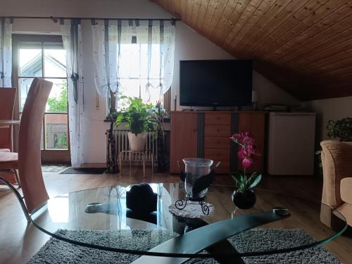 a living room with a glass table and a tv at Günther Fernschild in Trochtelfingen
