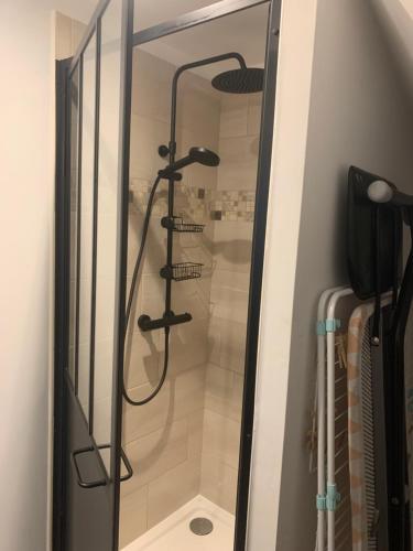 une douche avec pommeau de douche dans une salle de bain dans l'établissement La cabane suspendue de Sarlat, à Sarlat-la-Canéda