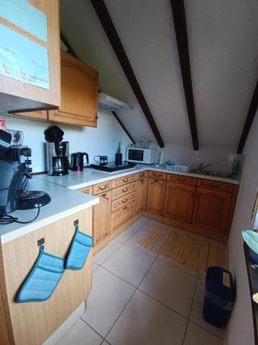 a kitchen with wooden cabinets and blue chairs in it at Günther Fernschild in Trochtelfingen