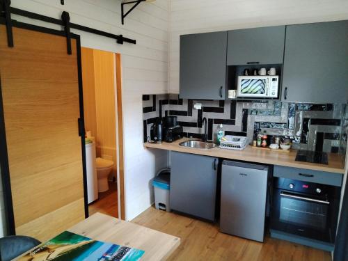 une petite cuisine avec un évier et un micro-ondes dans l'établissement Chez Cristele et David, à Capbreton