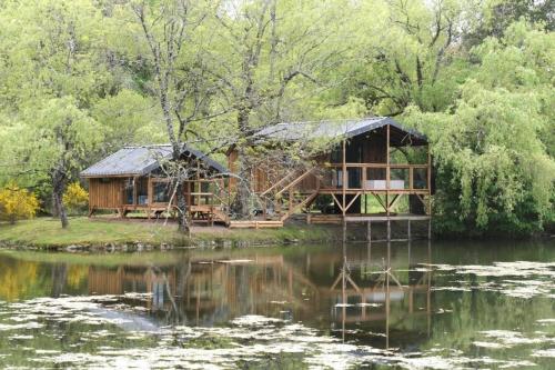 uma casa na árvore no meio de um lago em Les Cabanes de Lara em Ménesplet
