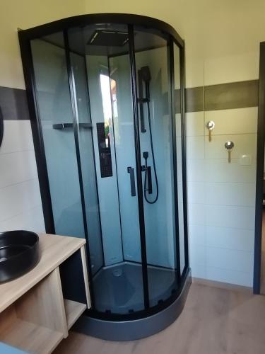 une douche avec une porte vitrée dans une salle de bain dans l'établissement GITE O Petits OIGNONS, aux Herbiers