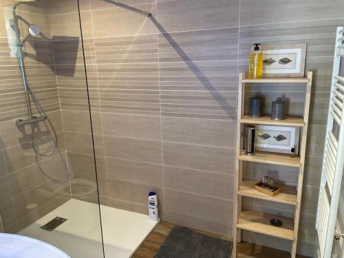 La salle de bains est pourvue d'une cabine de douche en verre. dans l'établissement Epicure, à Carignan