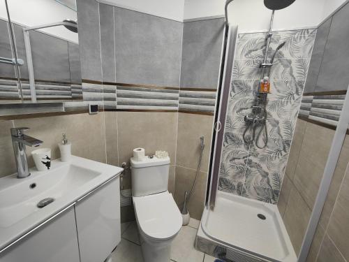 a bathroom with a shower and a toilet and a sink at Studio Vanille - Vue Mer in Saint-Denis